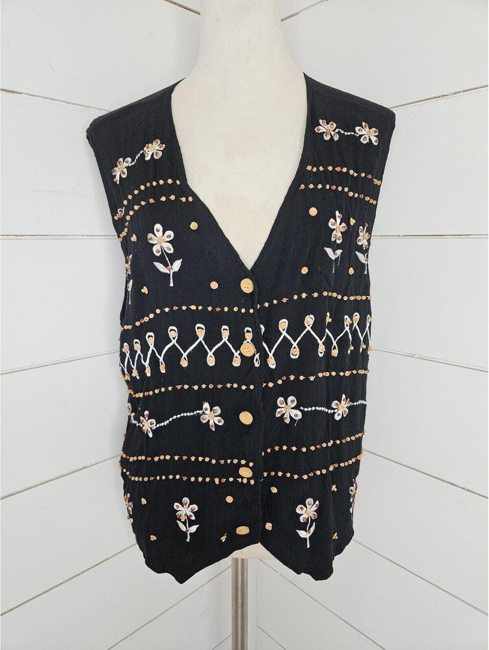Vintage 90s Kaktus large black gauzy & beaded vest
